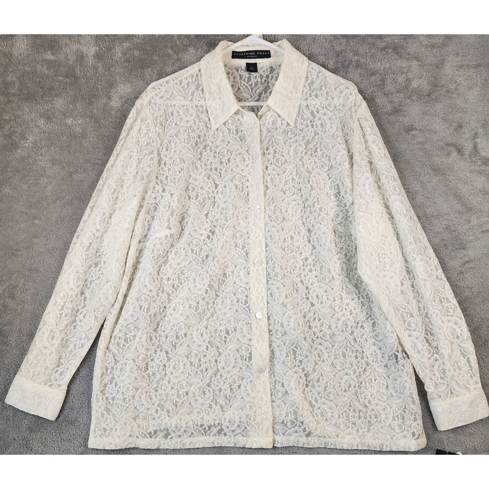 Josephine Chaus Blouse Womens 1X White Cream Floral Lace Button Up Long Sleeve